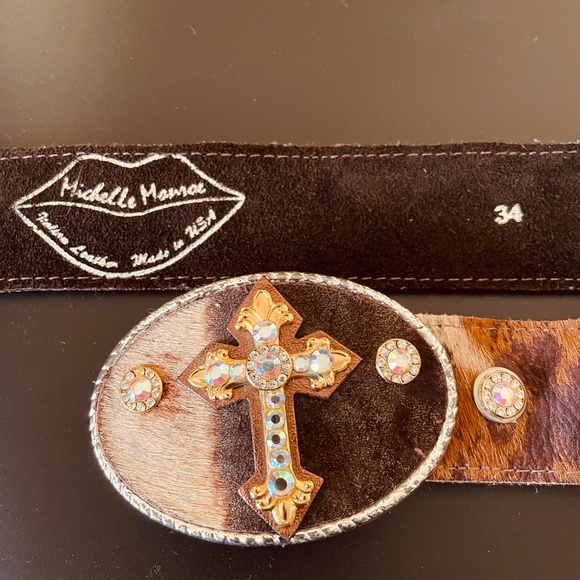 MICHELLE MONROE~Pony hair belt~Gold/silver buckle/Swarovski crystals~Made in USA - Picture 2 of 4